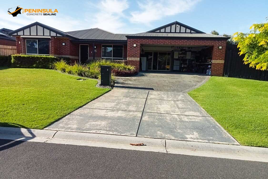 Flaking driveway paint before driveway sealing and painting restoration